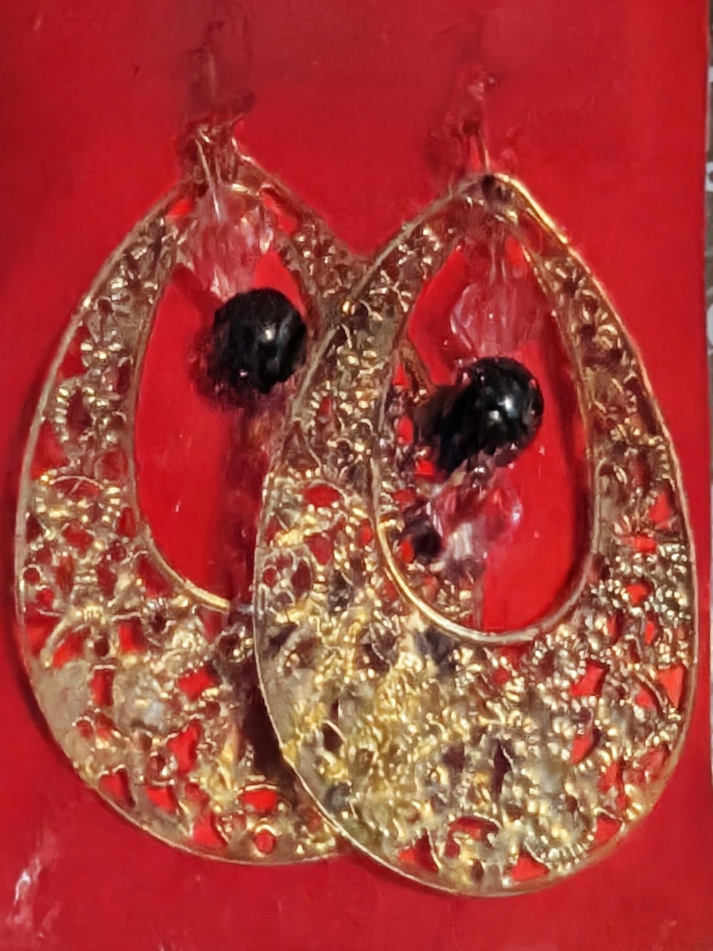 Gold Filigree Teardrop Earrings with Black Accent